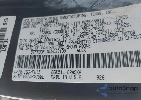 2013 Toyota Tundra Grade V6 from USA, damaged, VIN 5TFRU5F18DX029199